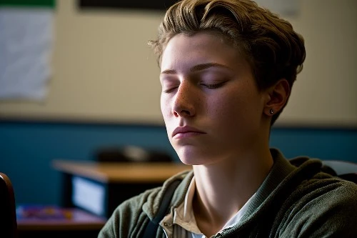 A calm student in a classroom.