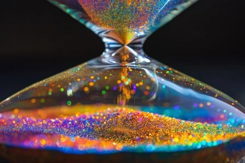 Close-up of a sparkling hourglass with colorful glitters marking the passage of time.