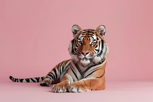 En majestetisk tiger med livlige oransje og svarte striper som ligger ned mot en myk rosa bakgrunn.