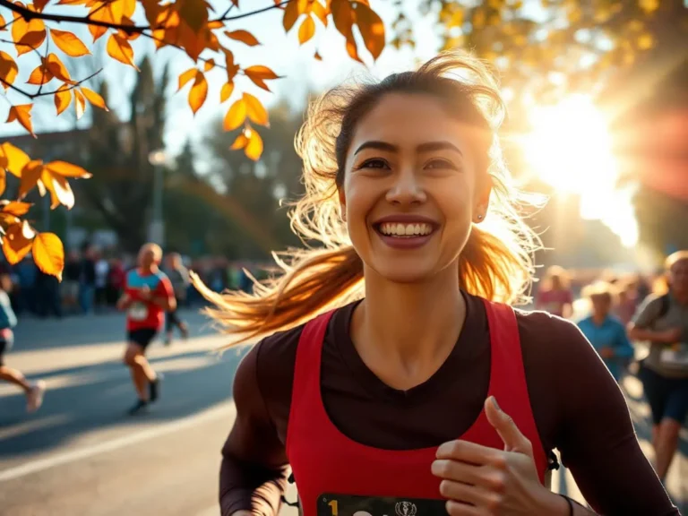 Kvinne løper marathon på solrik dag.