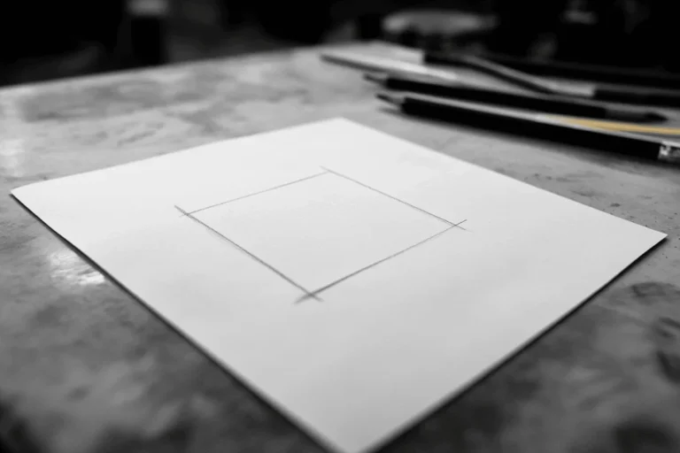 Pencil on paper with geometric square drawing.